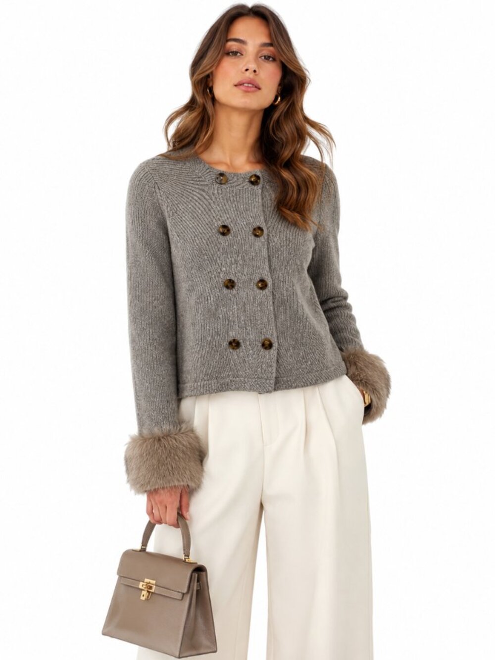 Banana Republic Merino Cashmere Sweater Beige Fur Cuff Luxe‎ Womens XS